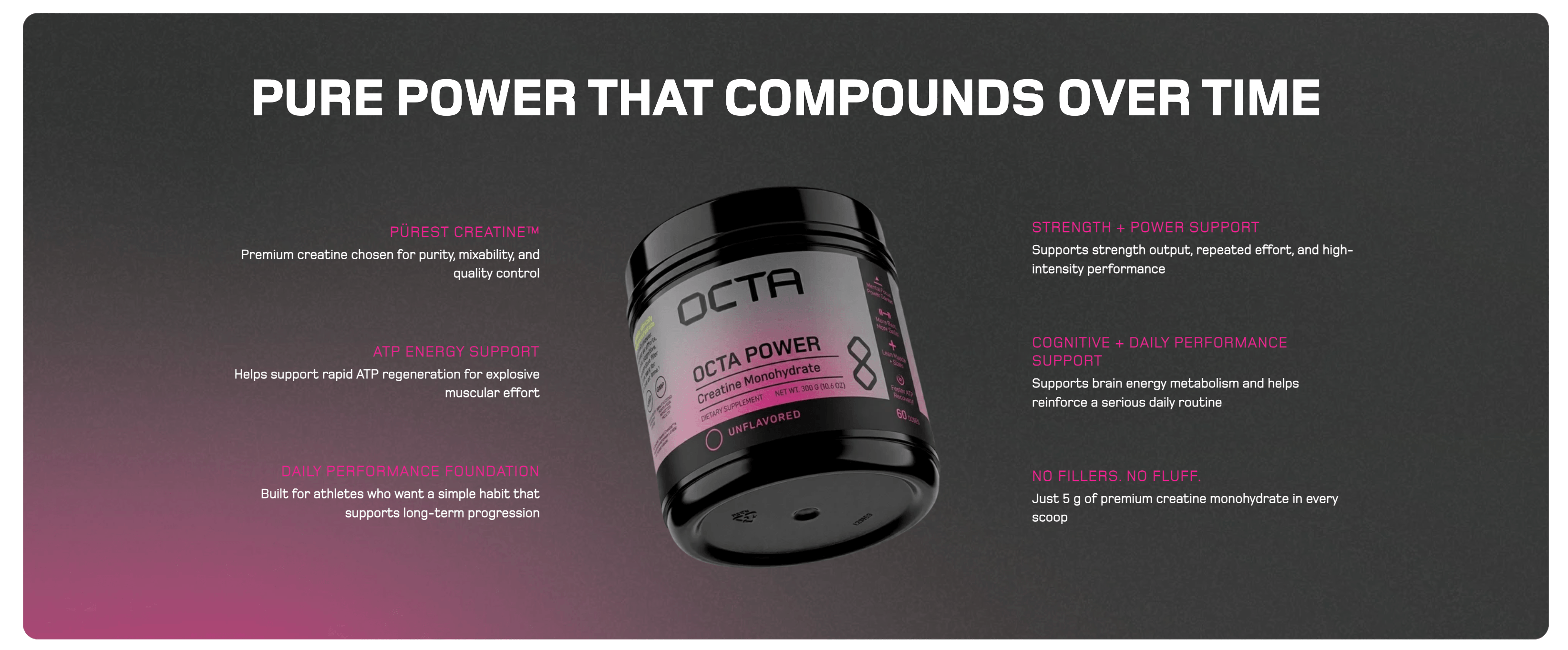 The Octa Power creatine section, with benefit copy arranged around the product